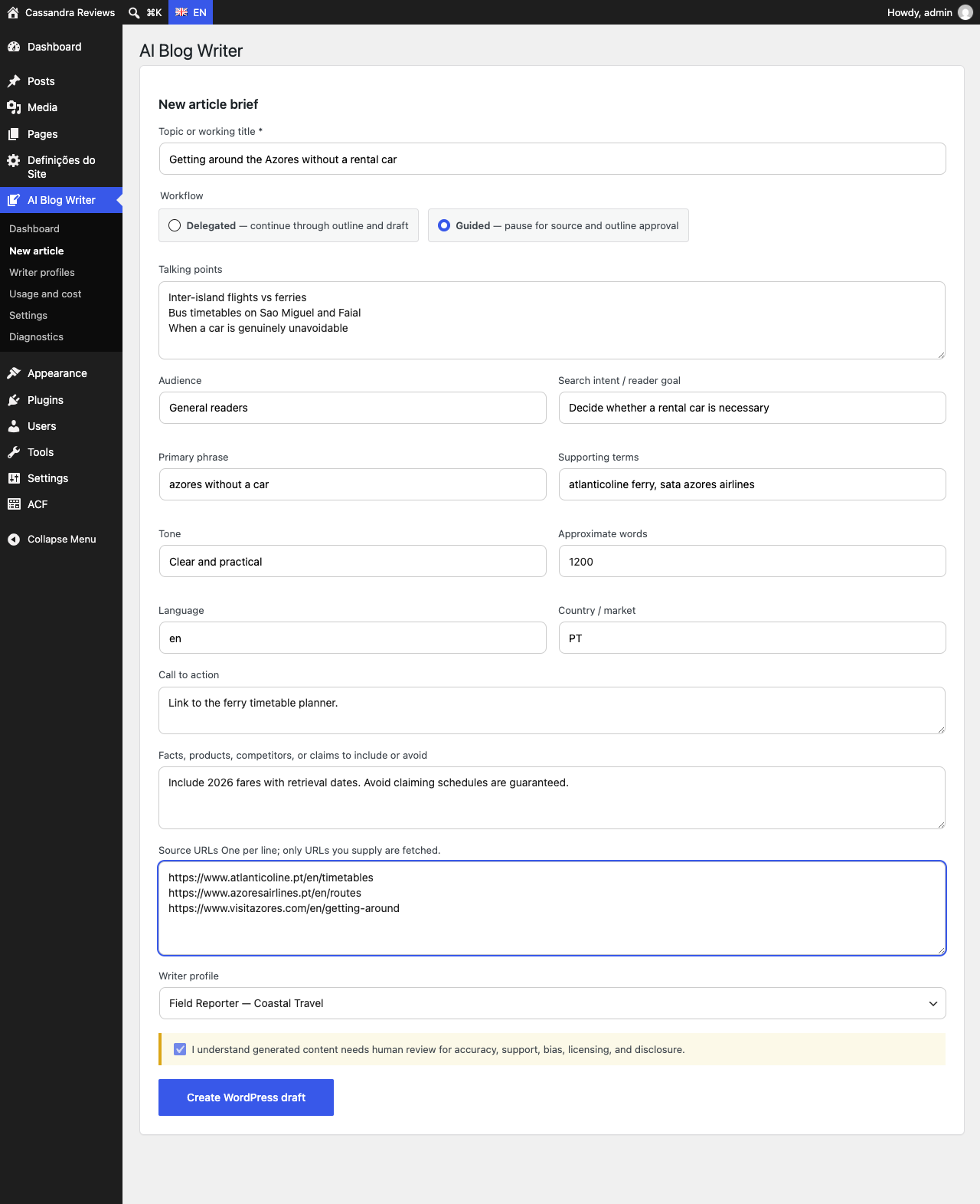 New article brief form with topic, workflow, SEO fields, source URLs and writer profile
