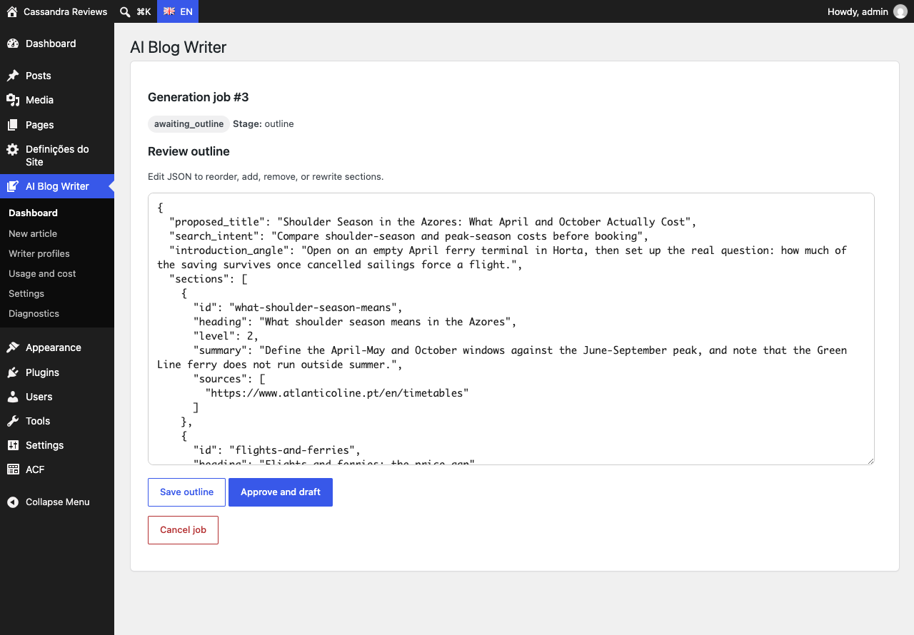 Outline review screen, editable section by section