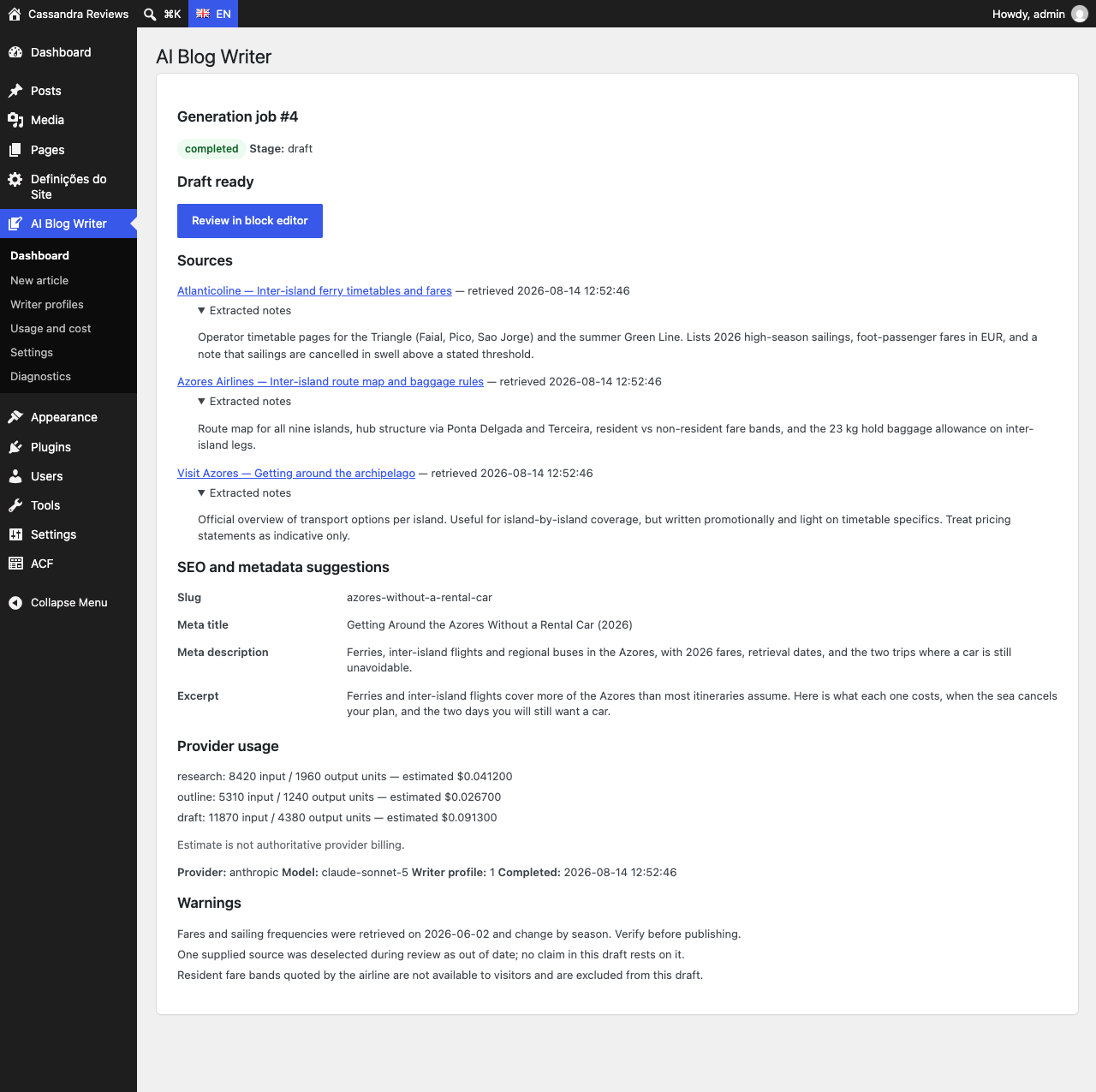 Completed job with draft link, sources, SEO suggestions and provider usage