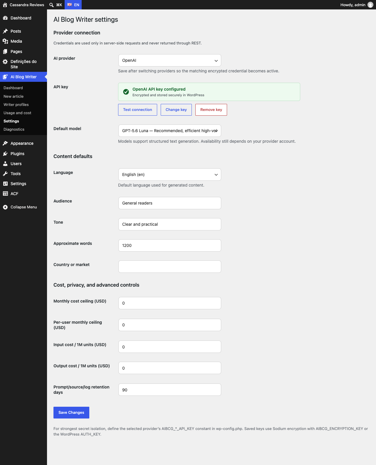 Settings screen with provider, model, API key, defaults, cost ceilings and retention
